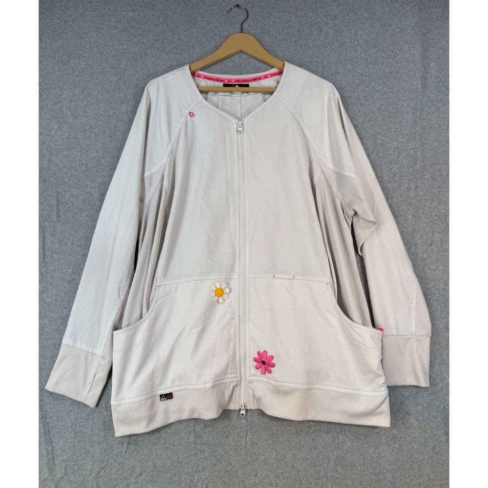 Koi 2X Scrub Jacket Lite Zip Up Floral Dobby Light Gray Medical Coat